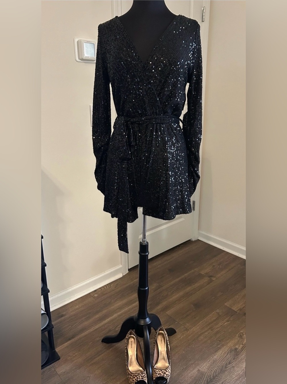 Swank A Posh Black Sequin Wrap Shorts/Romper with Belt